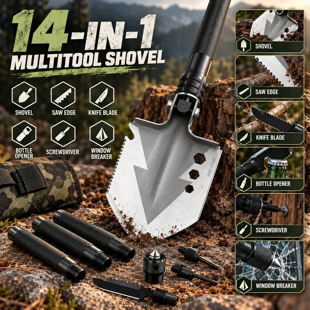14-in-1 Tactical Multi Shovel – Heavy-Duty Outdoor Survival & Camping Tool