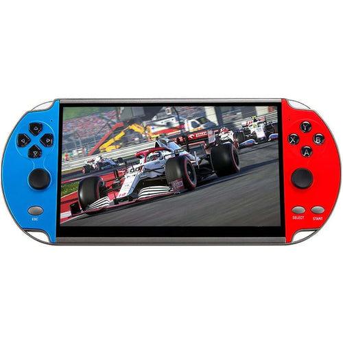 Full view of 7-inch handheld console with blue and red controls