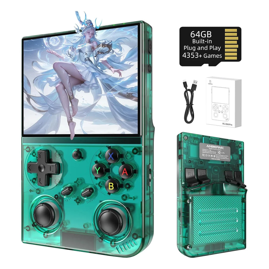 Anbernic RG35XX Pro Handheld Console – 64GB, Transparent Teal – front view