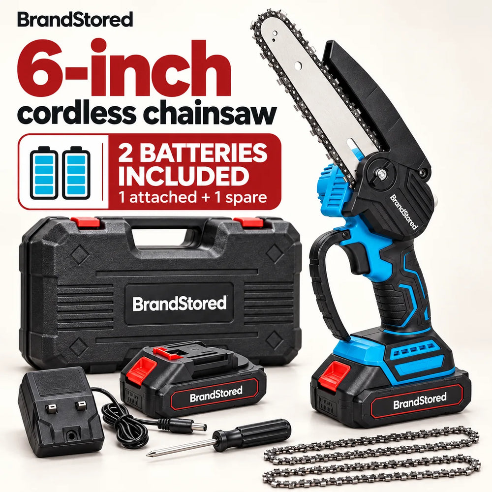 BrandStored 6-inch cordless chainsaw kit with two batteries, one attached and one spare