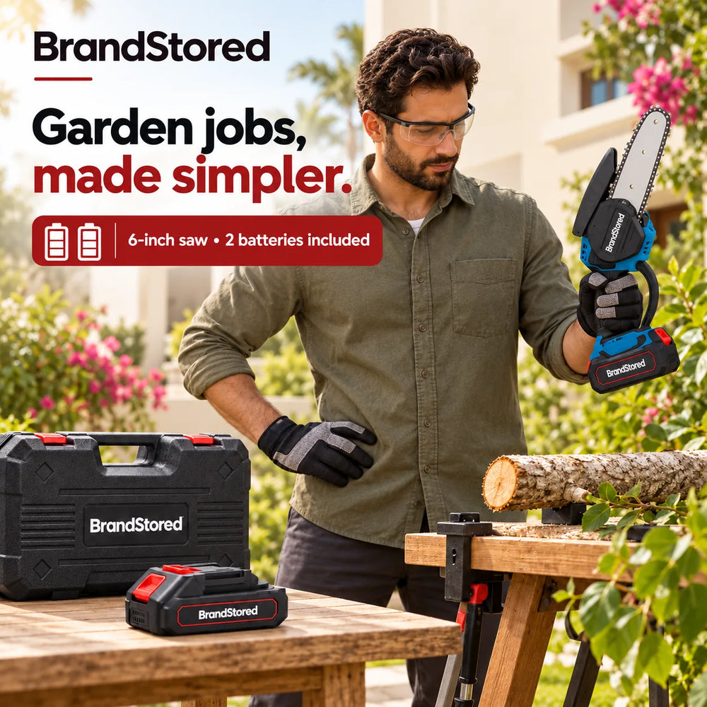 BrandStored 6-inch chainsaw in a garden lifestyle illustration with spare battery