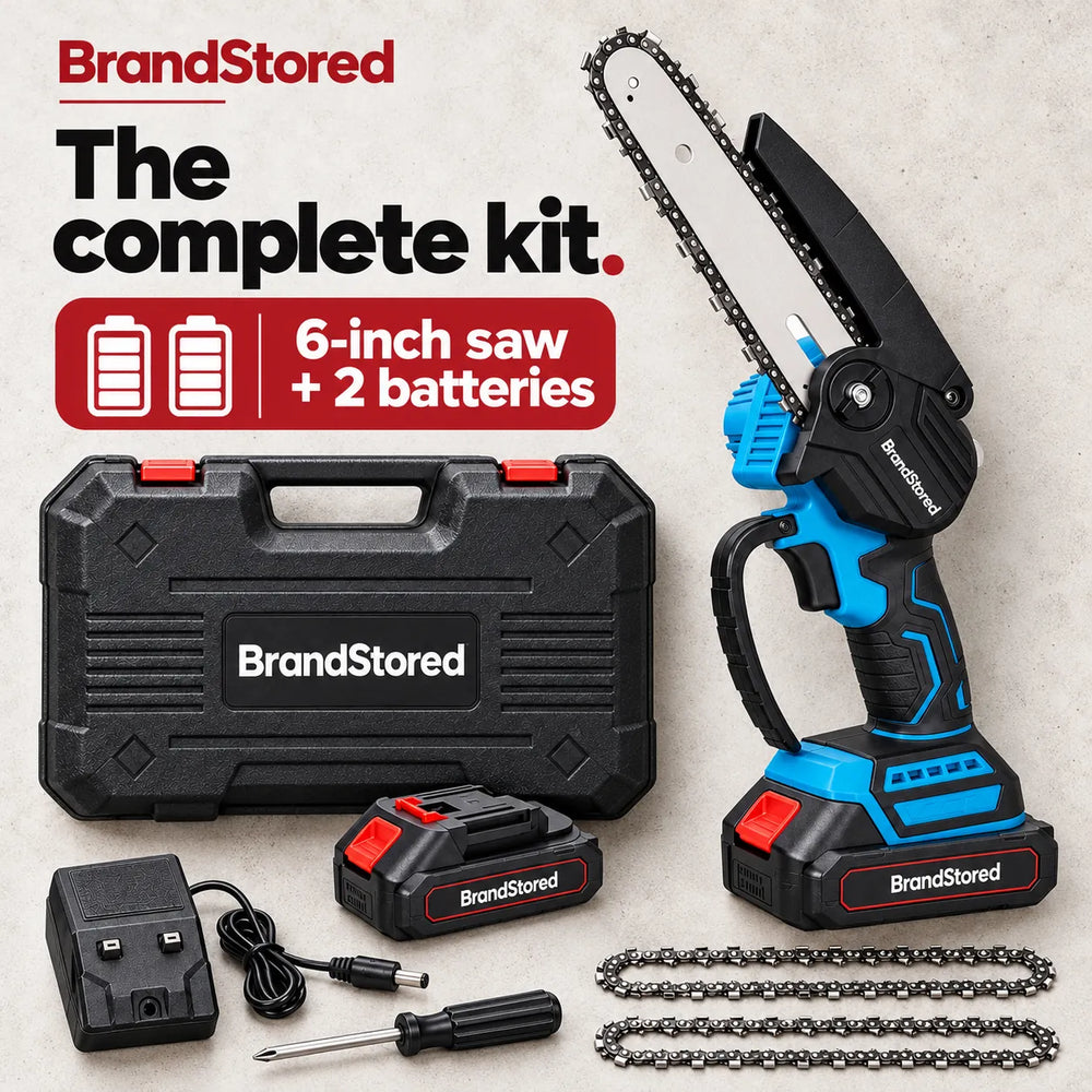 Complete BrandStored 6-inch chainsaw kit with two batteries