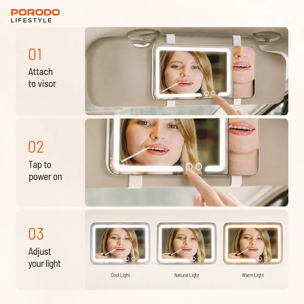 Porodo Lifestyle ShineVibe LED Car Makeup Mirror – 3 Light Modes & Touch Brightness