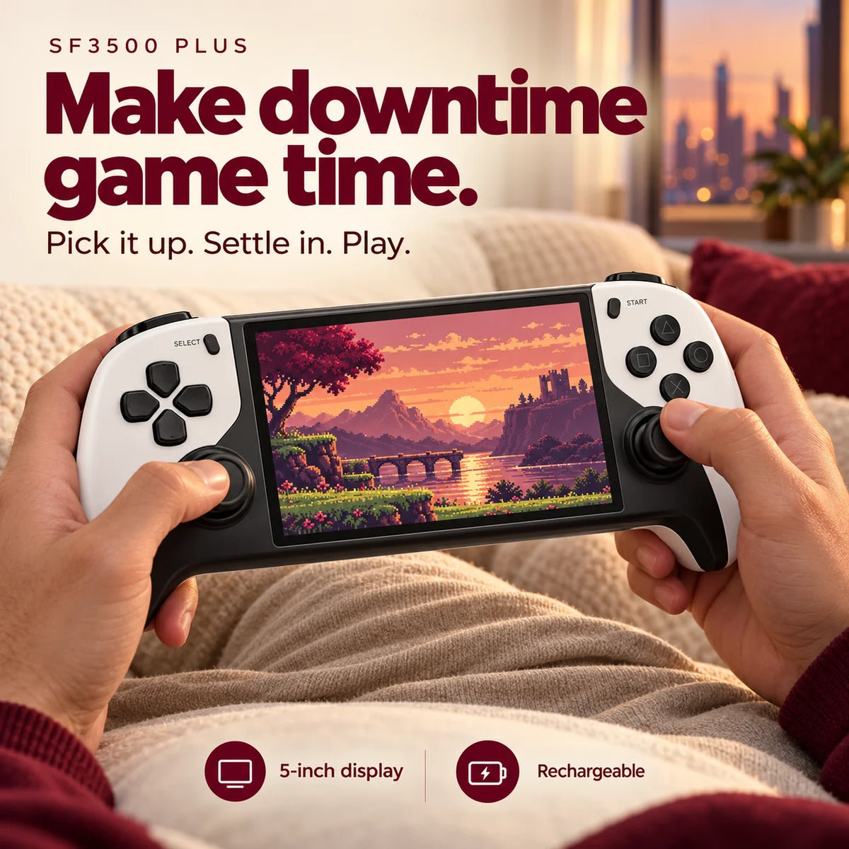 SF3500 Plus handheld play with 5-inch screen and rechargeable design, illustrative screen